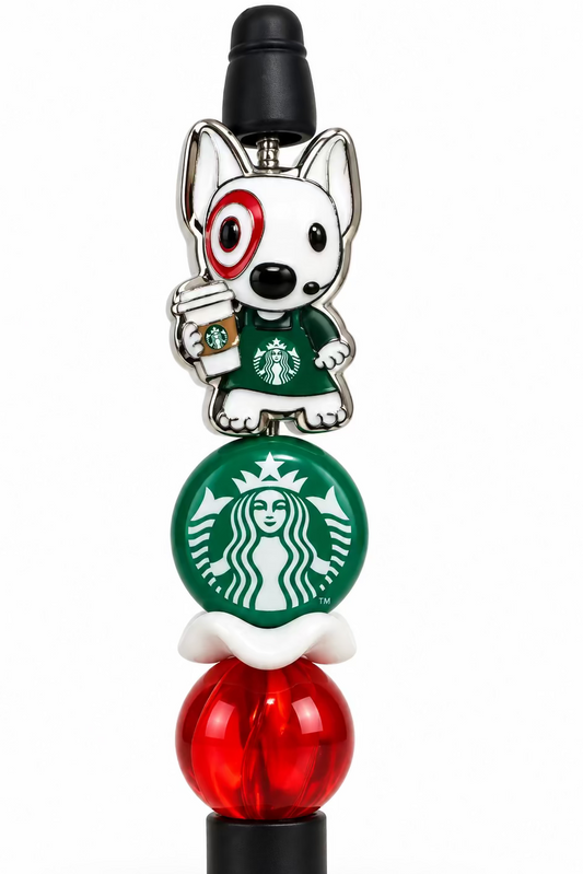 Target dog with Starbucks customer pen